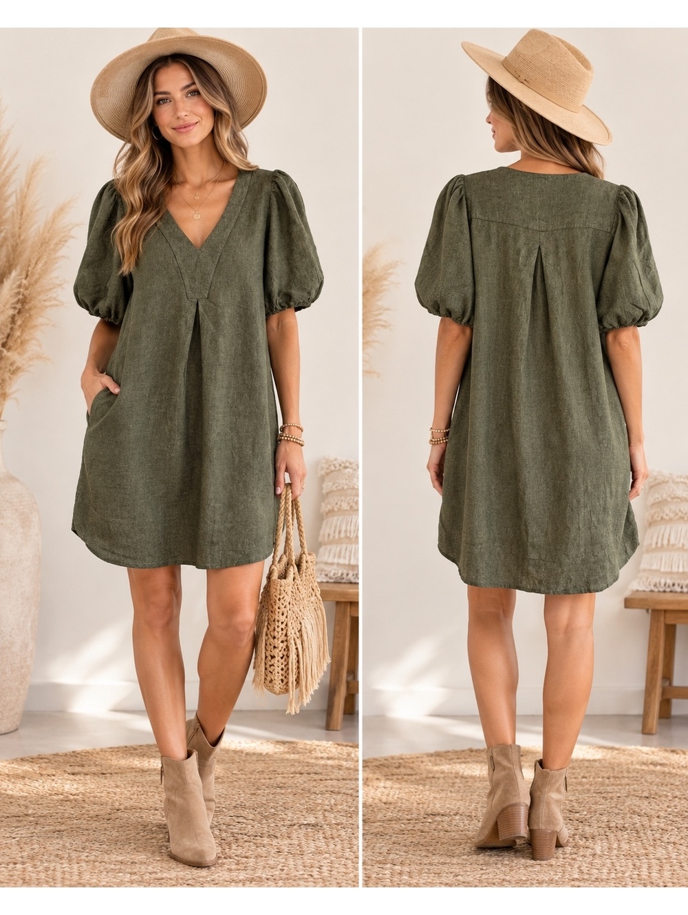Cynthia Rowley Women’s XL Olive Green Linen Blend Puff Sleeve V-Neck Dress NWT